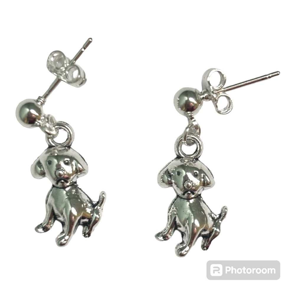 small sterling silver plated cute dog puppy stud earrings pet jewelry - Picture 2 of 4